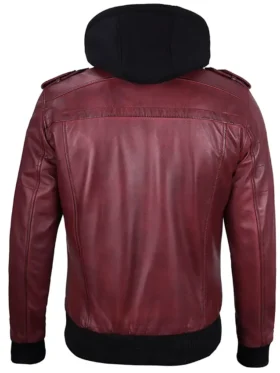 Shop Mens Burgundy Leather Jacket With Removable Hood For Men And Women