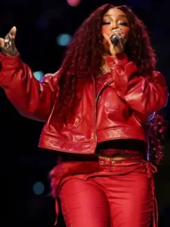 Alternative view of Super Bowl LIX Halftime Show SZA Red Leather Jacket