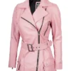 Womens Asymmetrical Belted Pink Leather Jacket