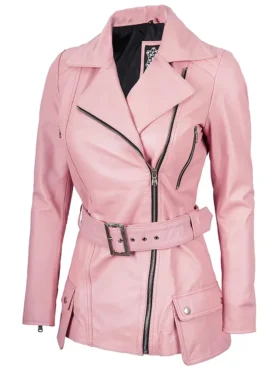 Womens Asymmetrical Belted Pink Leather Jacket