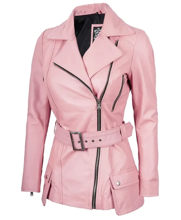 Womens Asymmetrical Belted Pink Leather Jacket