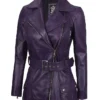 Womens Asymmetrical Belted Purple Leather Jacket