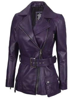 Womens Asymmetrical Belted Purple Leather Jacket