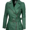 Womens Asymmetrical Green Belted Leather Jacket