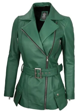 Womens Asymmetrical Green Belted Leather Jacket