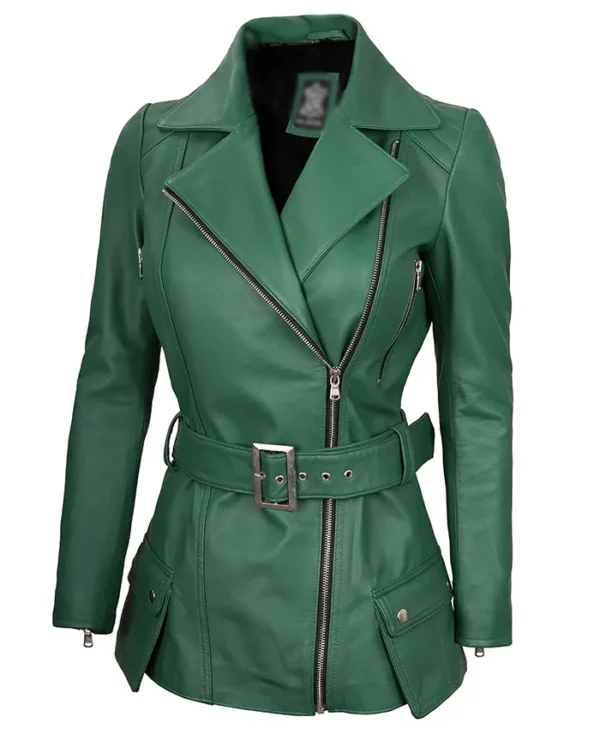 Womens Asymmetrical Green Belted Leather Jacket
