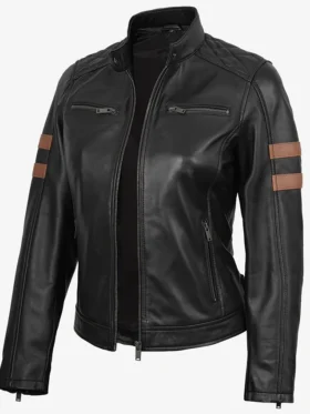 Womens Black Fashion Biker Real Leather Jacket with Cognac Stripes