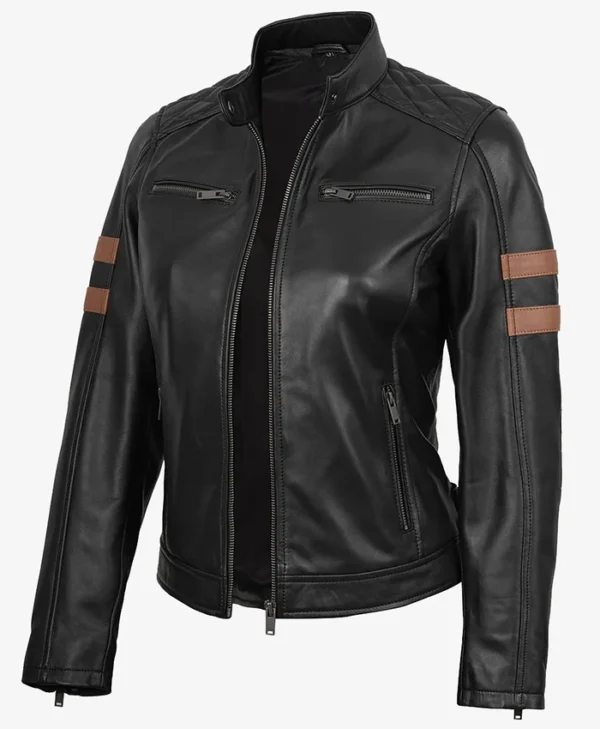 Womens Black Fashion Biker Real Leather Jacket with Cognac Stripes