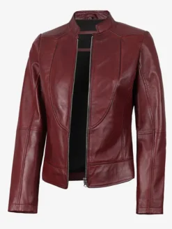 Womens Cafe Racer Burgundy Leather Jacket