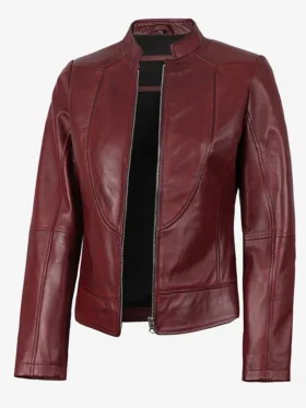 Womens Cafe Racer Burgundy Leather Jacket