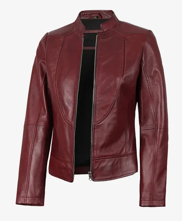 Womens Cafe Racer Burgundy Leather Jacket