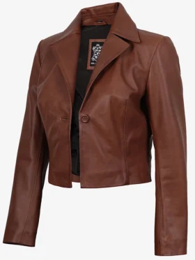 Womens Cognac Brown Single Button Cropped Leather Jacket