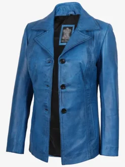 Womens Katie Blue Leather 3 4 Length Car Coat