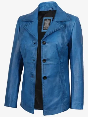 Womens Katie Blue Leather 3 4 Length Car Coat