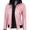 Womens Pink Bomber Leather Jacket With Removable Hood