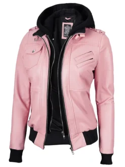 Womens Pink Bomber Leather Jacket With Removable Hood