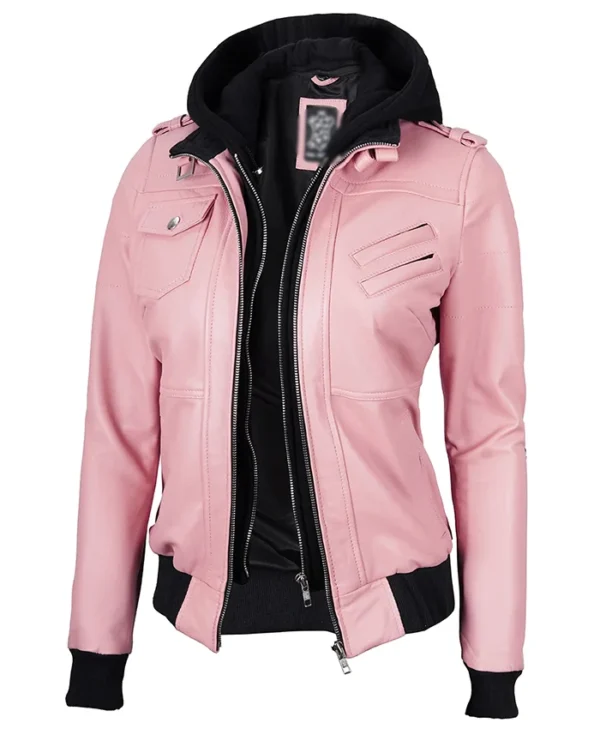 Womens Pink Bomber Leather Jacket With Removable Hood