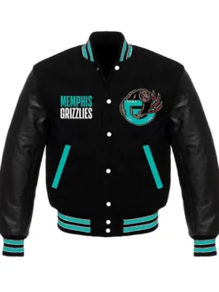 Basketball Team Memphis Grizzlies Black Wool Varsity Jacket with Snap-Tab Button Closure