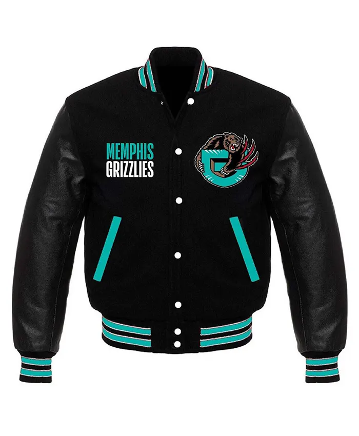 Basketball Team Memphis Grizzlies Black Wool Varsity Jacket with Snap-Tab Button Closure