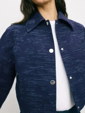 E News 2025 Emily Curl Cropped Blue Jacket