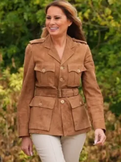 First Lady Melania Trump Belted Brown Suede Leather Jacket