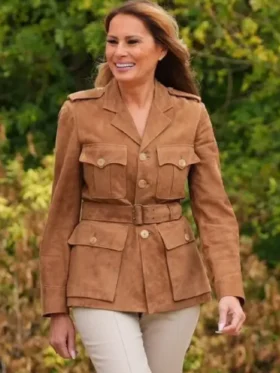 First Lady Melania Trump Belted Brown Suede Leather Jacket