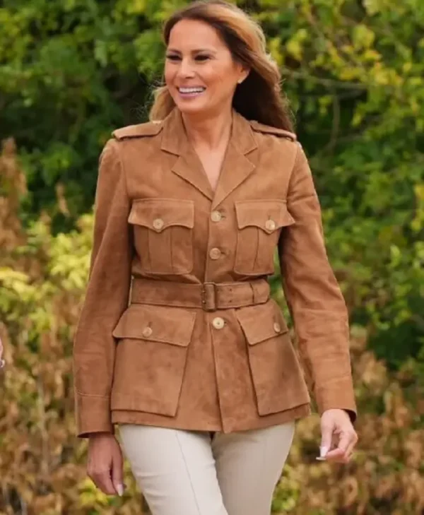 First Lady Melania Trump Belted Brown Suede Leather Jacket