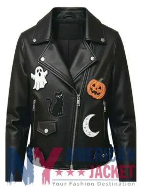 Halloween Patches Black Leather Biker Jacket
