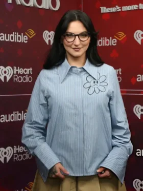 Julia Michaels 2025 iHeartRadio Music Festival Blue Floral Embroidered Shirt