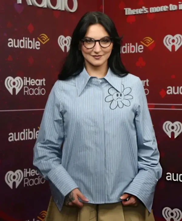 Julia Michaels 2025 iHeartRadio Music Festival Blue Floral Embroidered Shirt