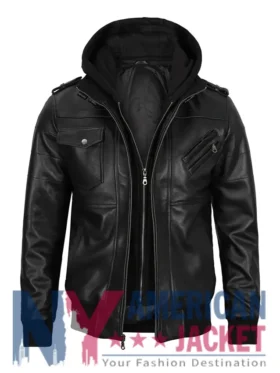 Men's Black Hooded Bomber Leather Jacket