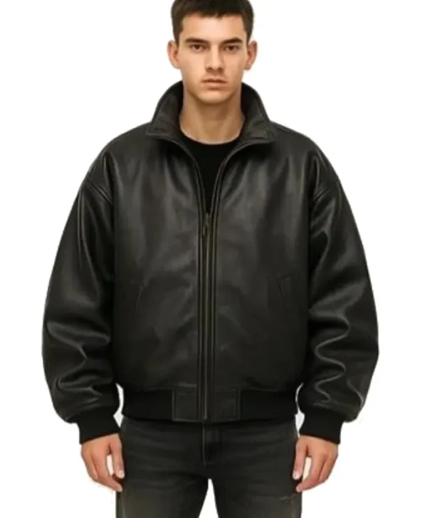 Men’s Premium Black Bomber Oversized Leather Jacket