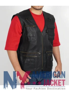 Men’s Workwear Black Leather Safari Vest