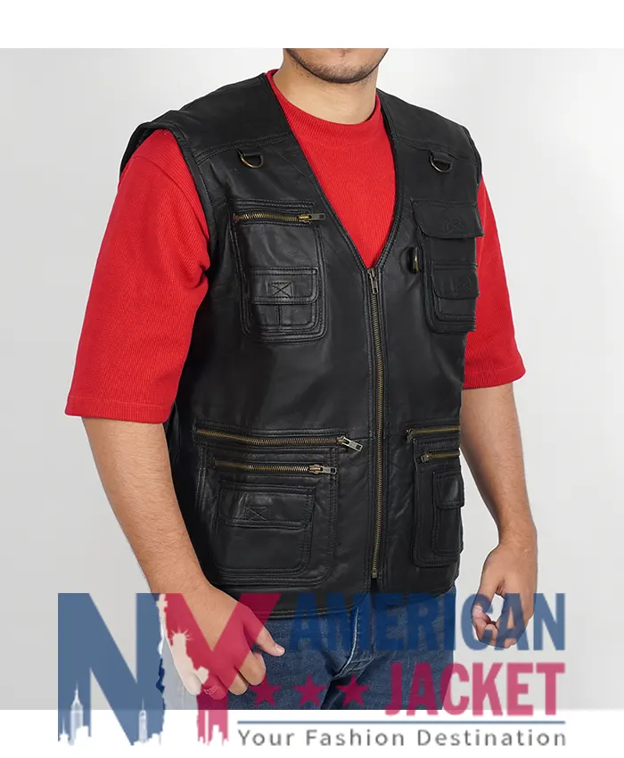 Men’s Workwear Black Leather Safari Vest
