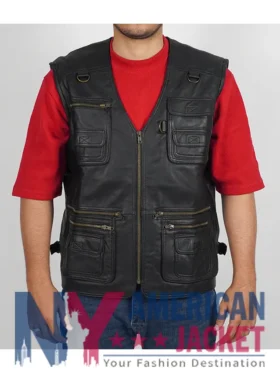 Men’s Workwear Black Leather Vest Safari