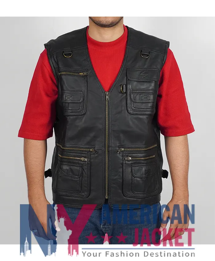 Men’s Workwear Black Leather Vest Safari