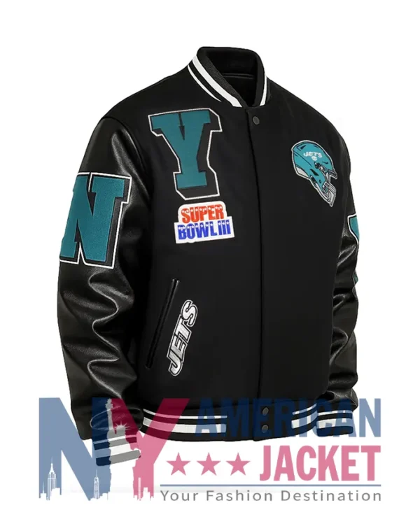 NY Jets Mashup Rib Wool Leather Varsity Jacket