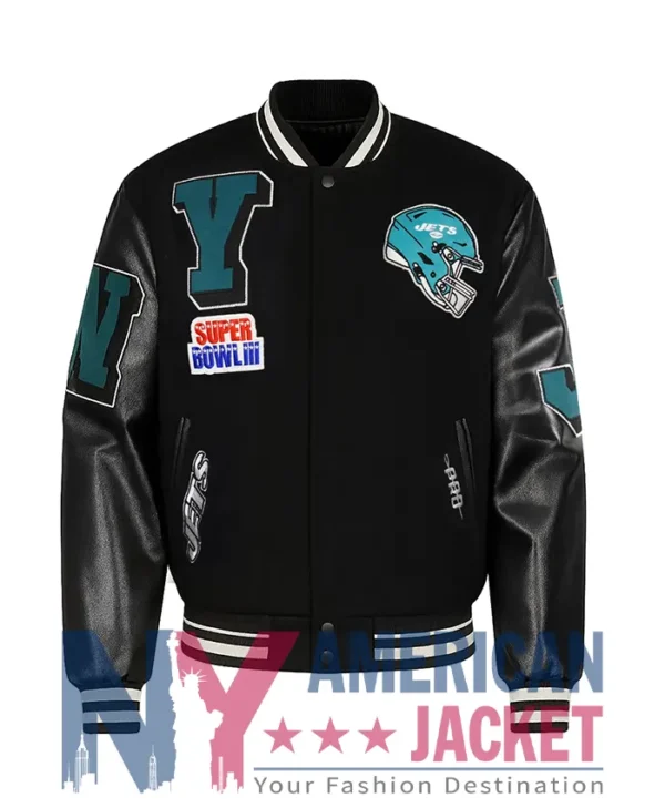 NY Jets Mashup Wool Rib Varsity Leather Jacket