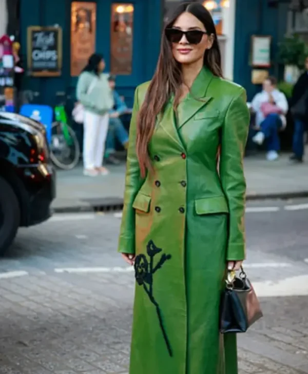 Olivia Munn 2025 LFW Erdem Show Green Long Trench Coat