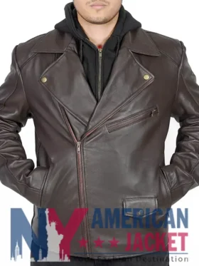 Scott Wilsons Brown Hooded Leather Motorcycle Jacket