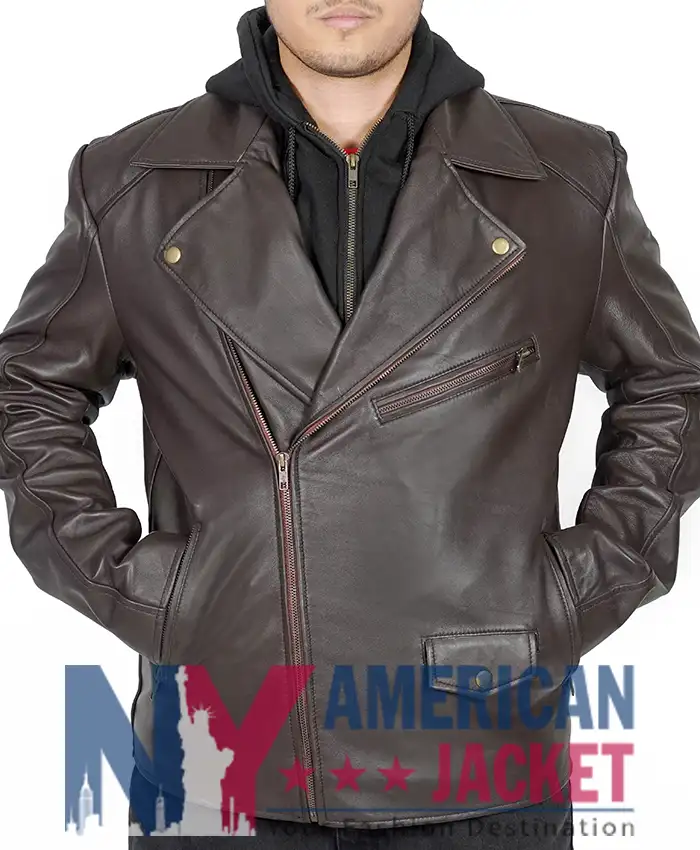 Scott Wilsons Brown Hooded Leather Motorcycle Jacket
