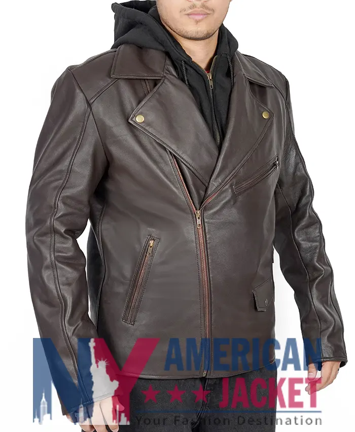 Scott Wilsons Brown Hooded Motorcycle Leather Jacket