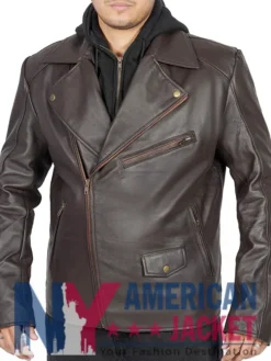 Scott Wilsons Hooded Brown Motorcycle Leather Jacket