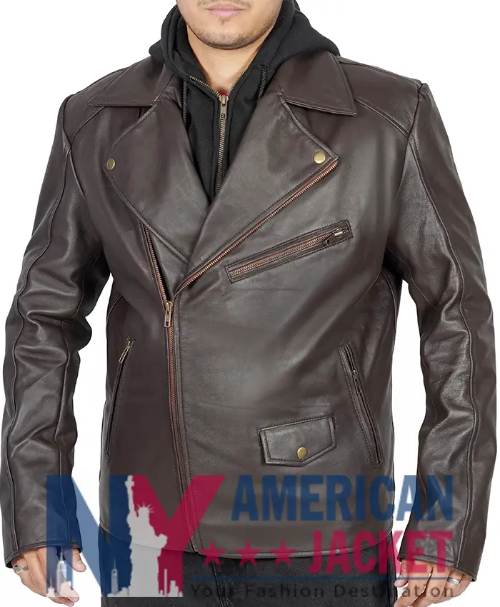 Scott Wilsons Hooded Brown Motorcycle Leather Jacket