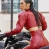 Bella Hadid The Beauty 2025 Red Moto Cropped Jacket