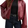 Burgundy Bubble Hem Leather Bomber Jacket
