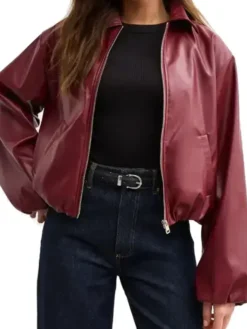 Burgundy Bubble Hem Leather Bomber Jacket
