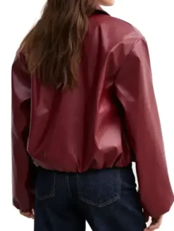 Burgundy Leather Bubble Hem Bomber Jacket