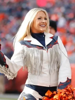 Denver Broncos Cheerleaders White Fringe Jacket