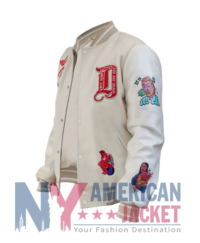 First Row Art Dealer Cream Graphic Varsity Cropped Jacket